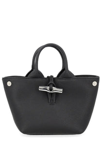 Longchamp women’s Borsa Mano le roseau2 black leather tote bag with silver-tone metal clasp and circular hardware accents