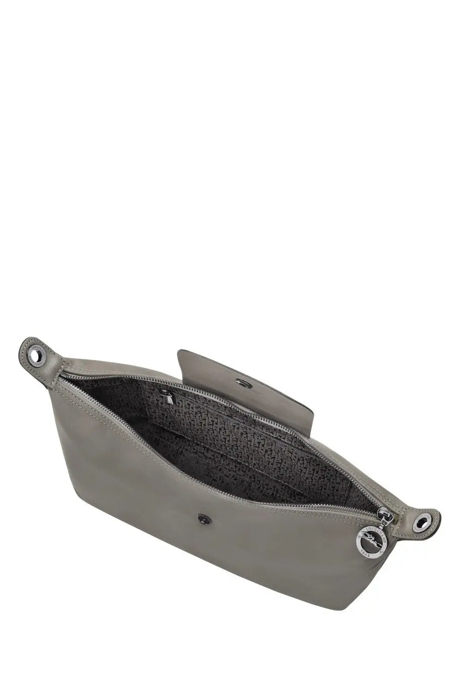 Gray Longchamp Le Pliage handbag with sleek minimalist design and subtle stitching details in beige medium size