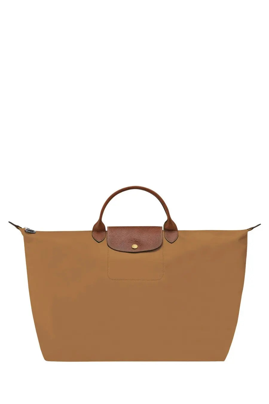 Tan longchamp le pliage tote bag in beige with brown leather handles and matching flap closure for travel use