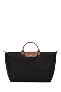 Longchamp womens Borsone DA Viaggio black tote bag with brown leather handles and gold-tone metal clasp