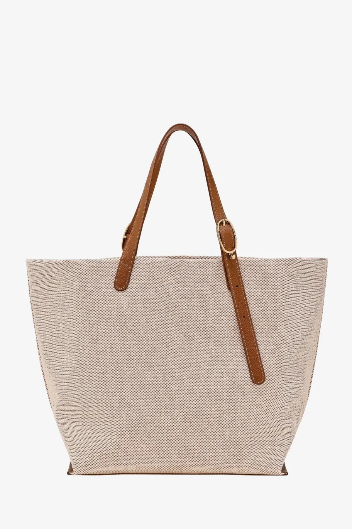 Beige longchamp canvas le foulonné toile shoulder bag with woven tote design brown leather handles and gold-tone buckle strap