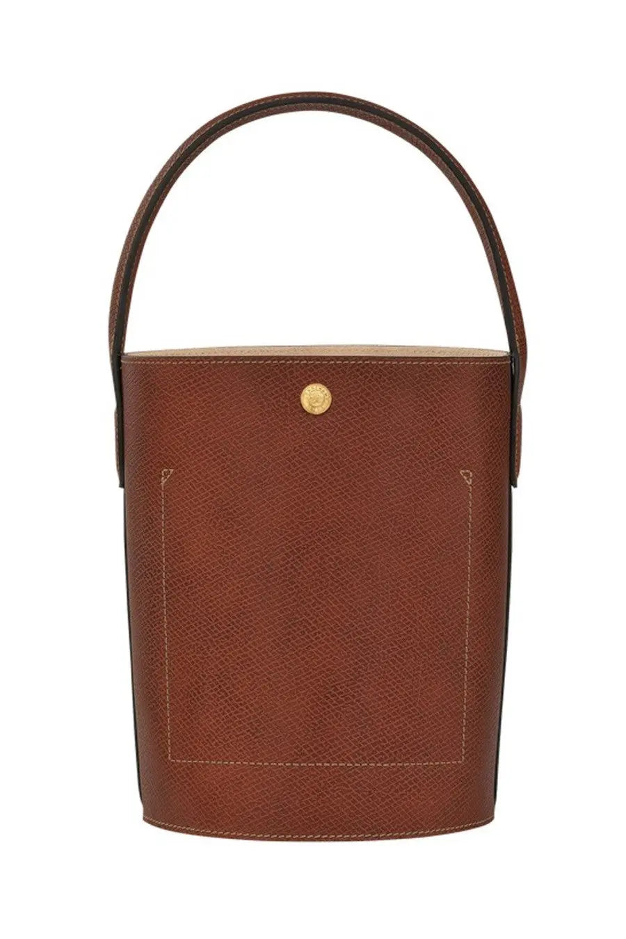 Longchamp women’s cuir de russie brown leather bucket bag with gold tone circular clasp and matching top handle