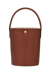 Longchamp women’s cuir de russie brown leather bucket bag with gold-tone circular logo and matching handle