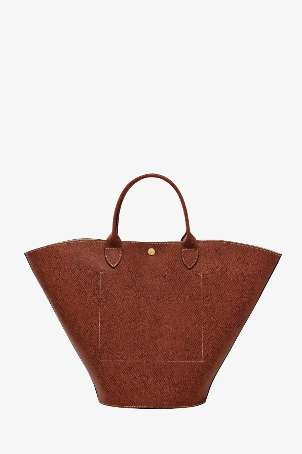 Longchamp women’s Epure brown leather tote bag with distinctive flared silhouette and gold-tone hardware