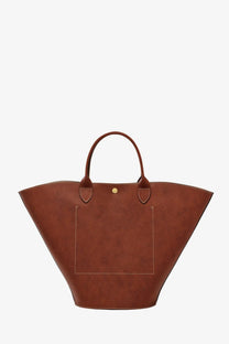 Longchamp women’s Epure brown leather tote bag with distinctive flared silhouette and gold-tone hardware