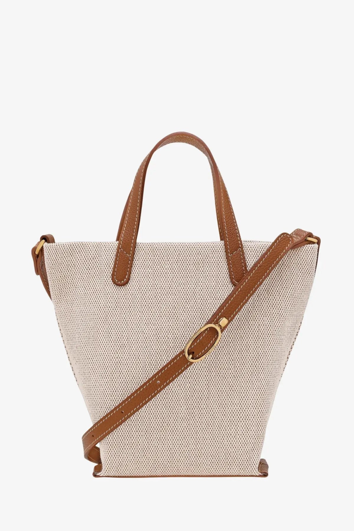 Beige woven longchamp women’s le foulonné canvas crossbody tote bag with brown leather handles and gold-tone buckle