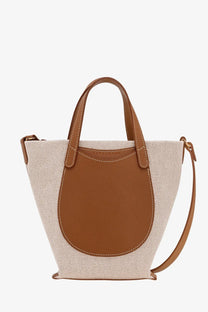 Longchamp women’s le foulonné beige canvas crossbody bag with tan leather handles and front panel minimalist design