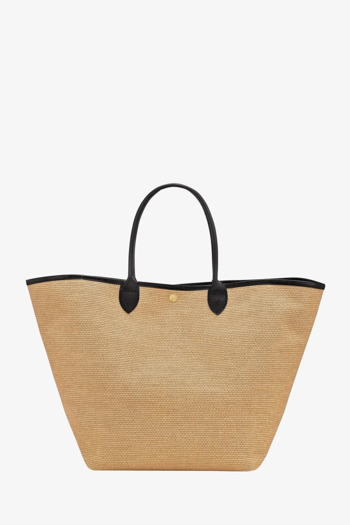 Beige woven straw tote bag with black leather handles and trim longchamp women’s le panier pliage raffia and leather bag black