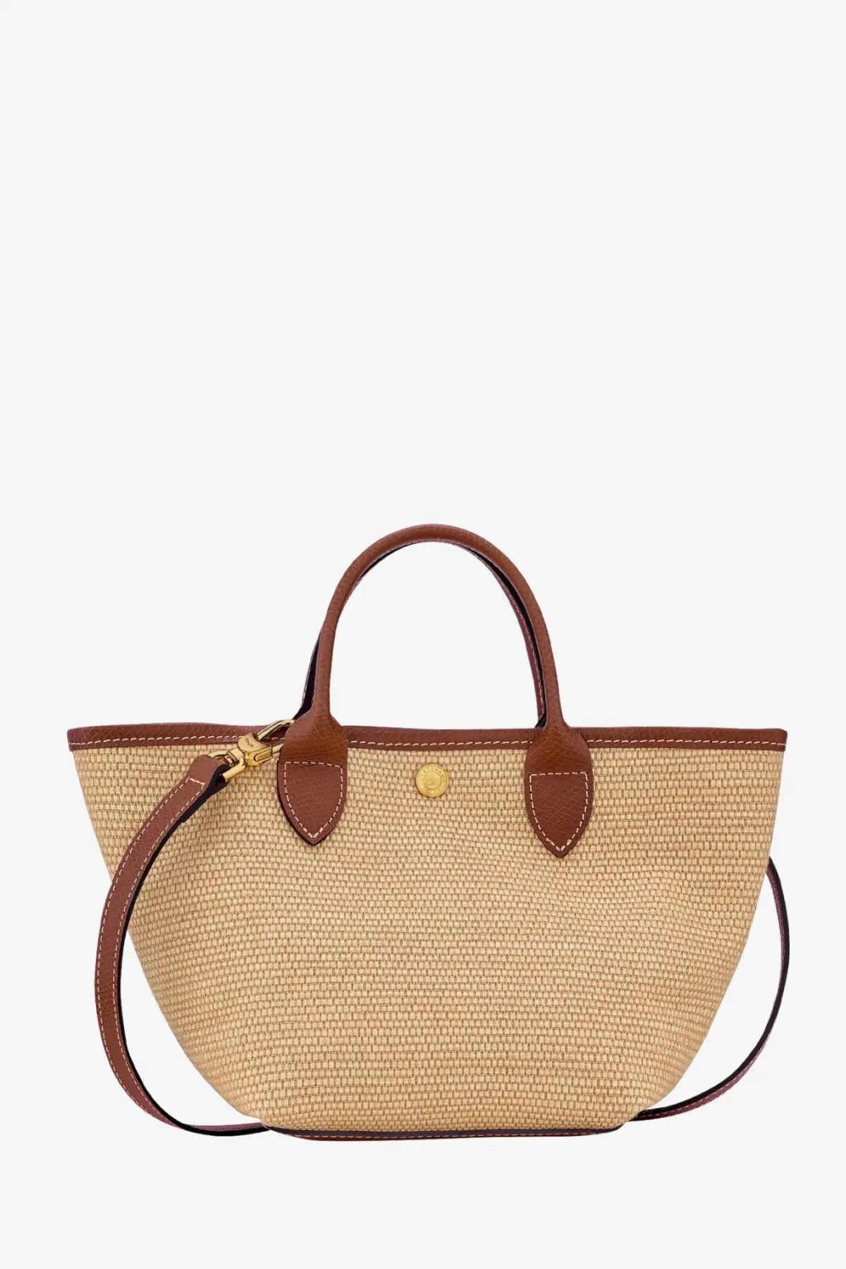 Beige woven straw Longchamp Le Panier Pliage XS raffia tote bag with brown leather handles and trim crossbody bag brown
