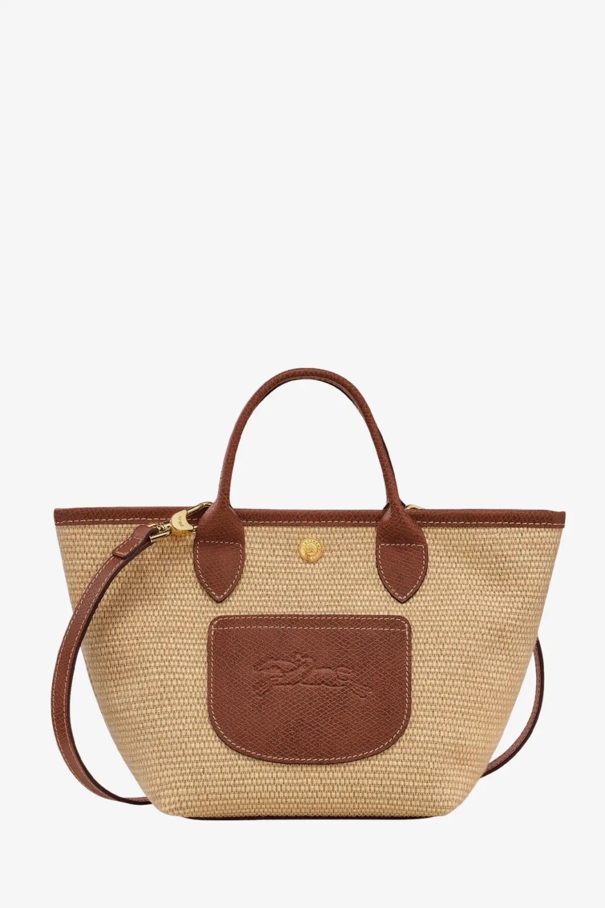 Beige woven straw tote bag with brown leather handles front pocket and gold-tone hardware by Longchamp