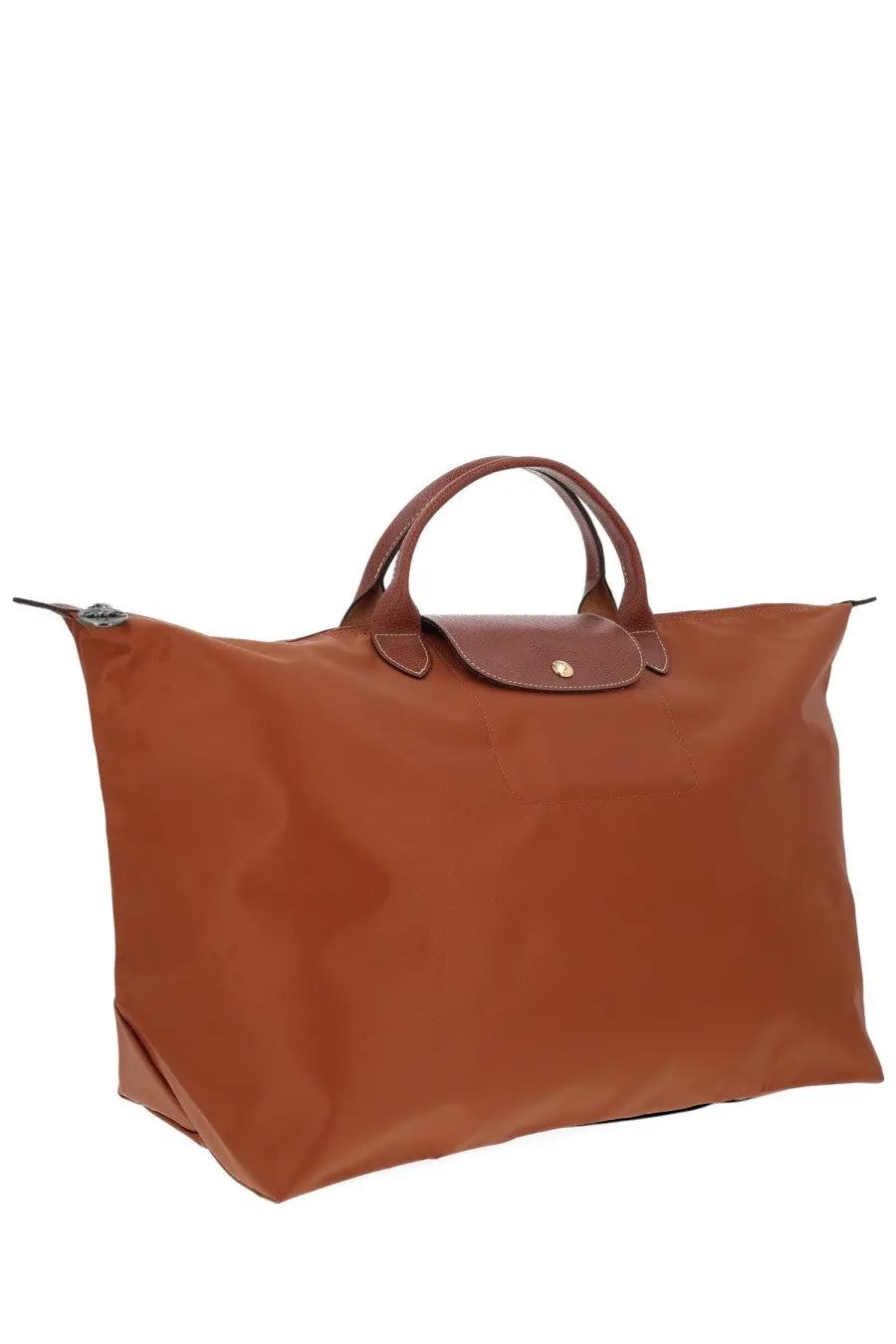 Longchamp women’s le pliage original tote bag in brown with brown leather trim and signature foldable design