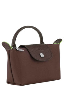 Longchamp women’s le pliage original clutch bag in brown with lime green trim and silver-toned logo button