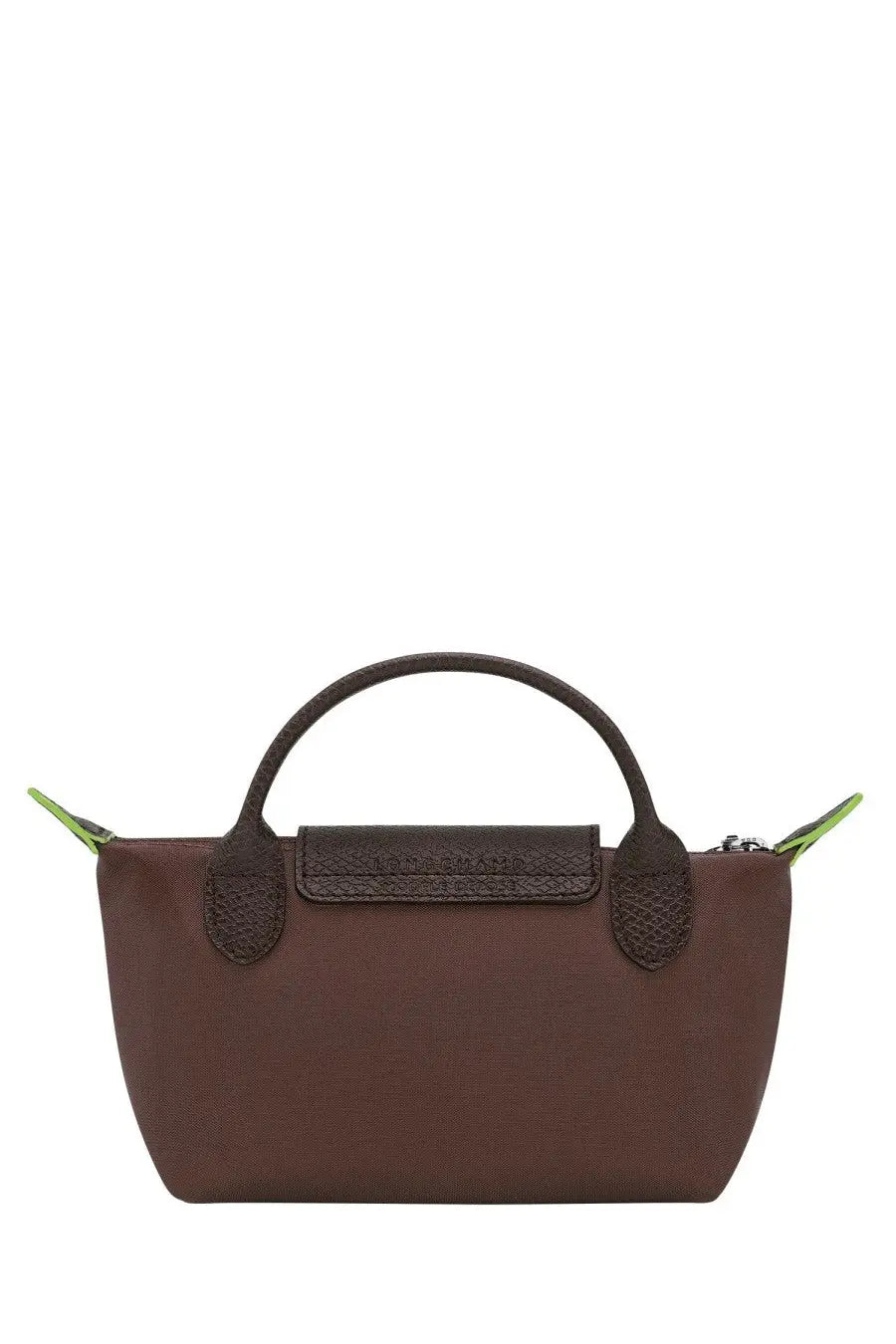 Longchamp womens le pliage original brown clutch bag with textured leather top flap and lime green zipper pulls