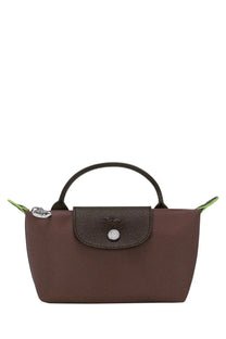 Brown longchamp le pliage original clutch bag with textured leather flap and silver-tone metal clasp and handle accents