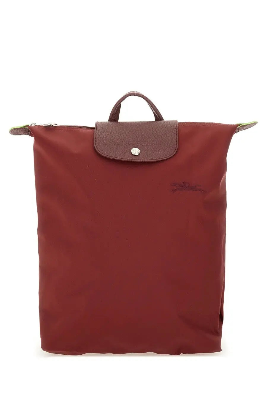 Longchamp women’s le pliage backpack in burgundy nylon with brown leather flap and silver-tone button closure