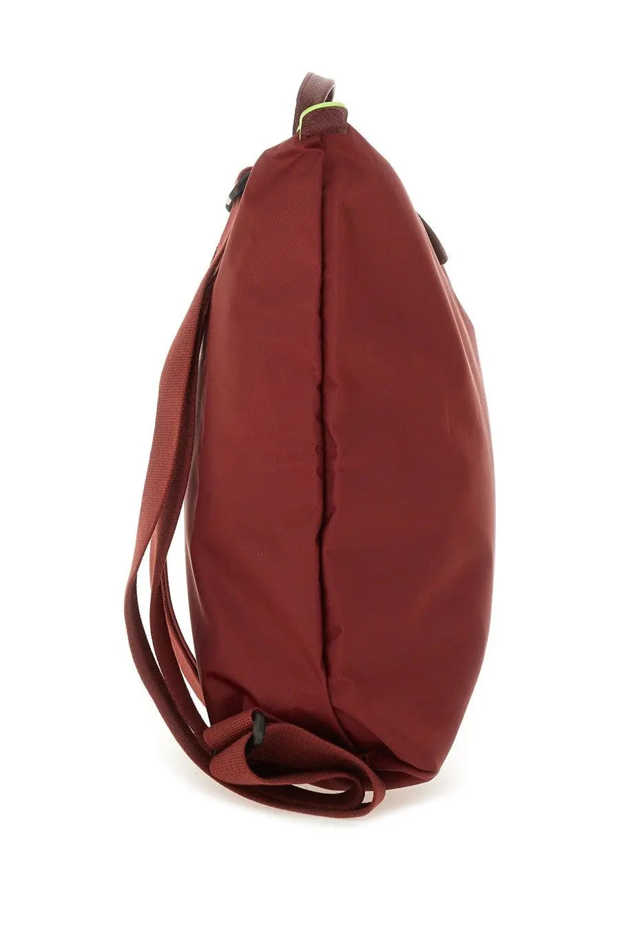Longchamp women’s le pliage backpack red made of sleek maroon nylon with minimalist design and lime green zipper accents