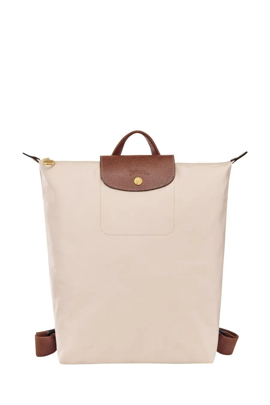 Beige Longchamp womens LE Pliage backpack with brown leather accents and gold tone hardware in pink product image
