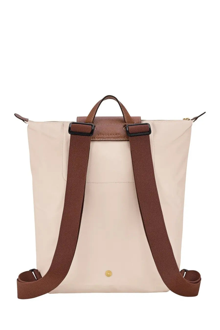 Beige Longchamp LE Pliage backpack with brown leather straps and gold-tone hardware in Longchamp Women’s pink collection