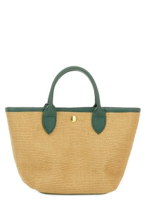 Longchamp womens le pliage xs basket bag in beige woven straw with dark green leather handles and gold-tone button closure