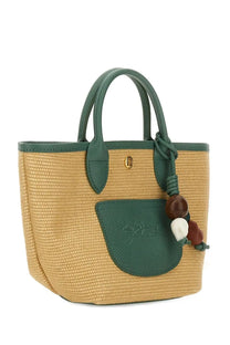 Longchamp women’s le pliage collection xs basket bag grey featuring a beige woven straw body with green leather handles and wooden beads