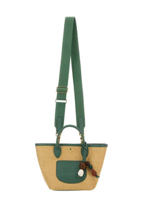 Longchamp women’s le pliage xs basket bag in green and beige straw with leather pocket gold hardware and wooden bead tassels