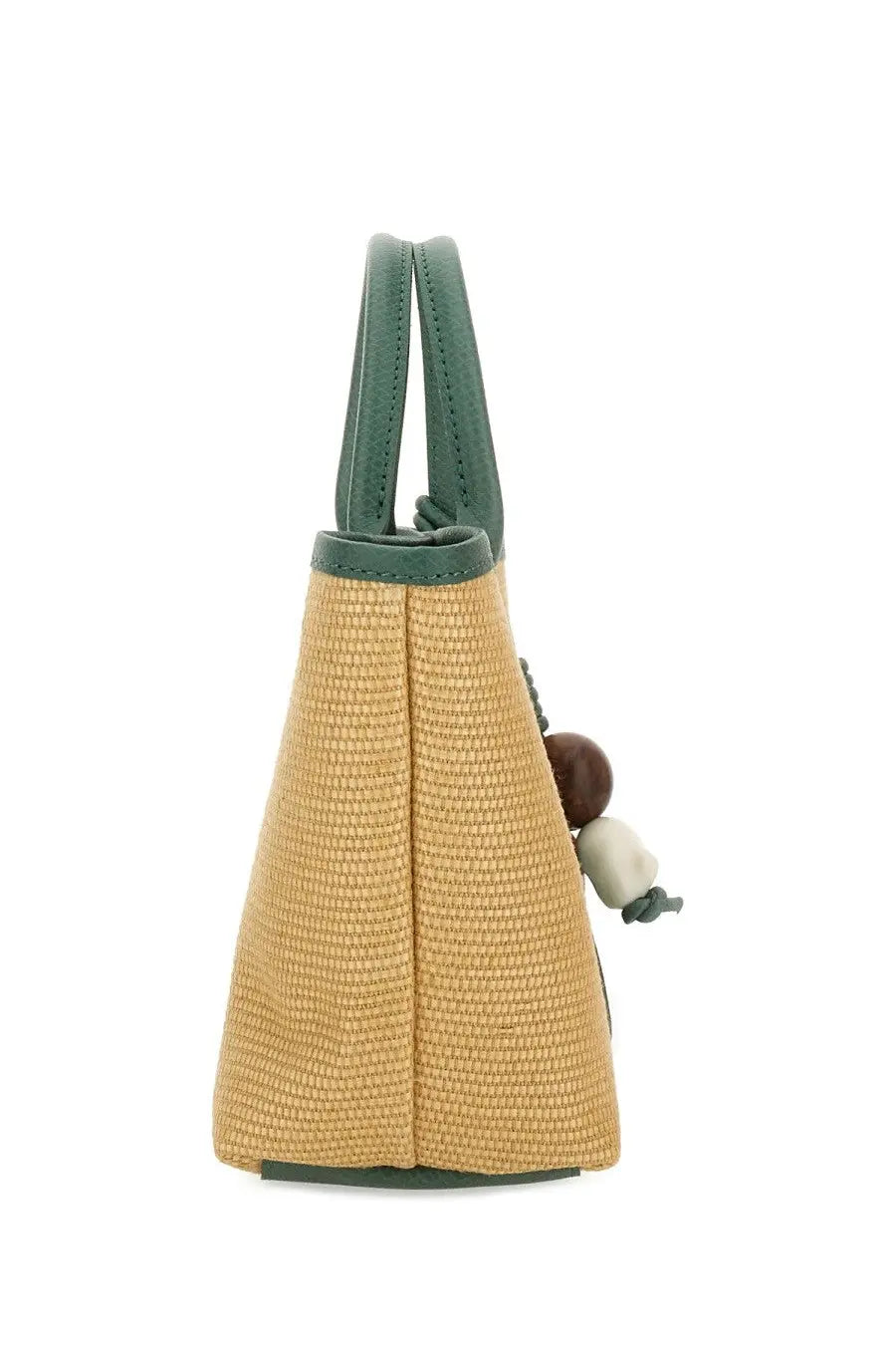 Longchamp women’s le pliage xs basket bag grey woven straw with sage green leather handles and wooden bead tassel
