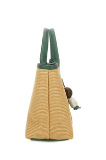 Longchamp women’s le pliage xs basket bag grey woven straw with sage green leather handles and wooden bead tassel