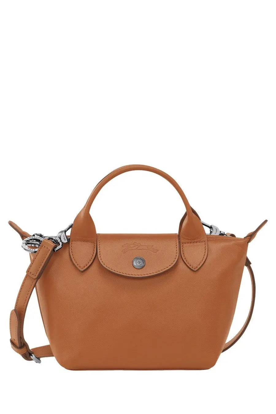 Tan leather Longchamp Le Pliage Energy mini handbag with top handle and detachable shoulder strap for women brown