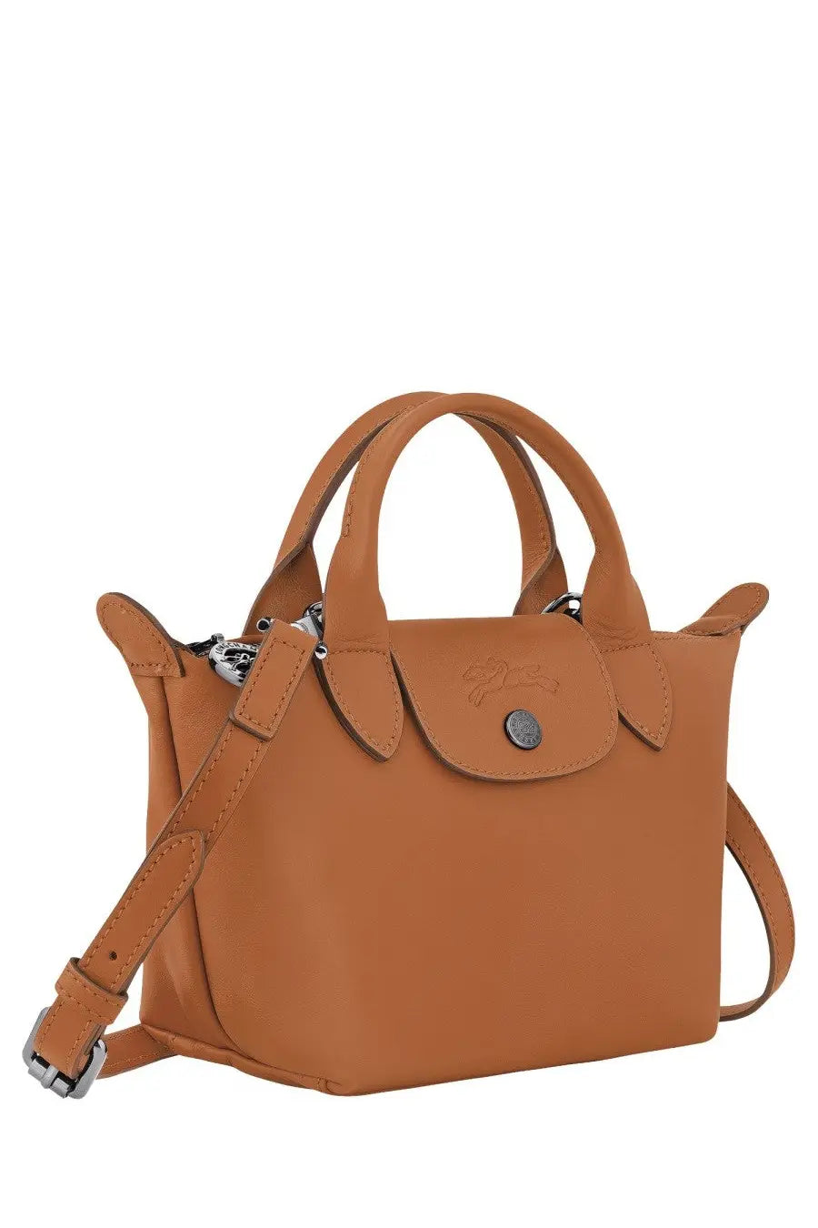 Tan leather longchamp le pliage mini handbag with top handles and detachable shoulder strap in brown color