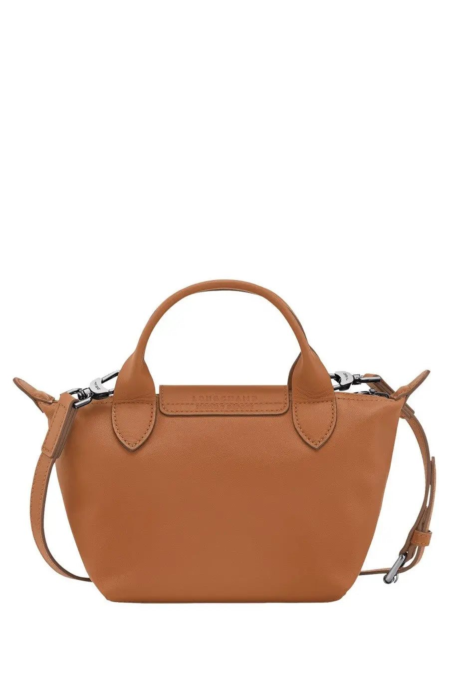 Tan leather longchamp le pliage mini handbag with top handle and detachable shoulder strap in brown color