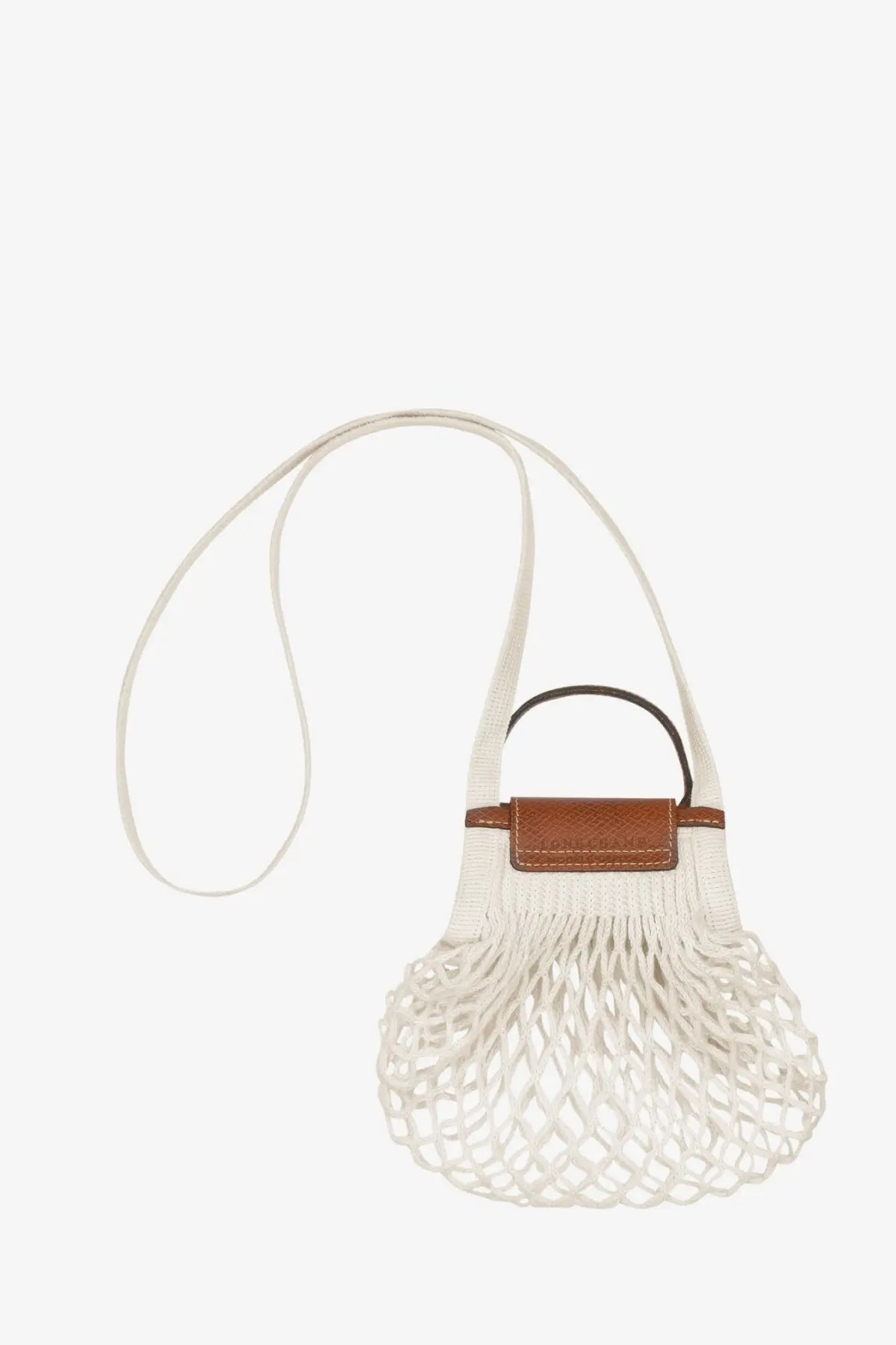 Longchamp women’s le pliage filet white cotton mesh crossbody bag with brown leather accent and black handle