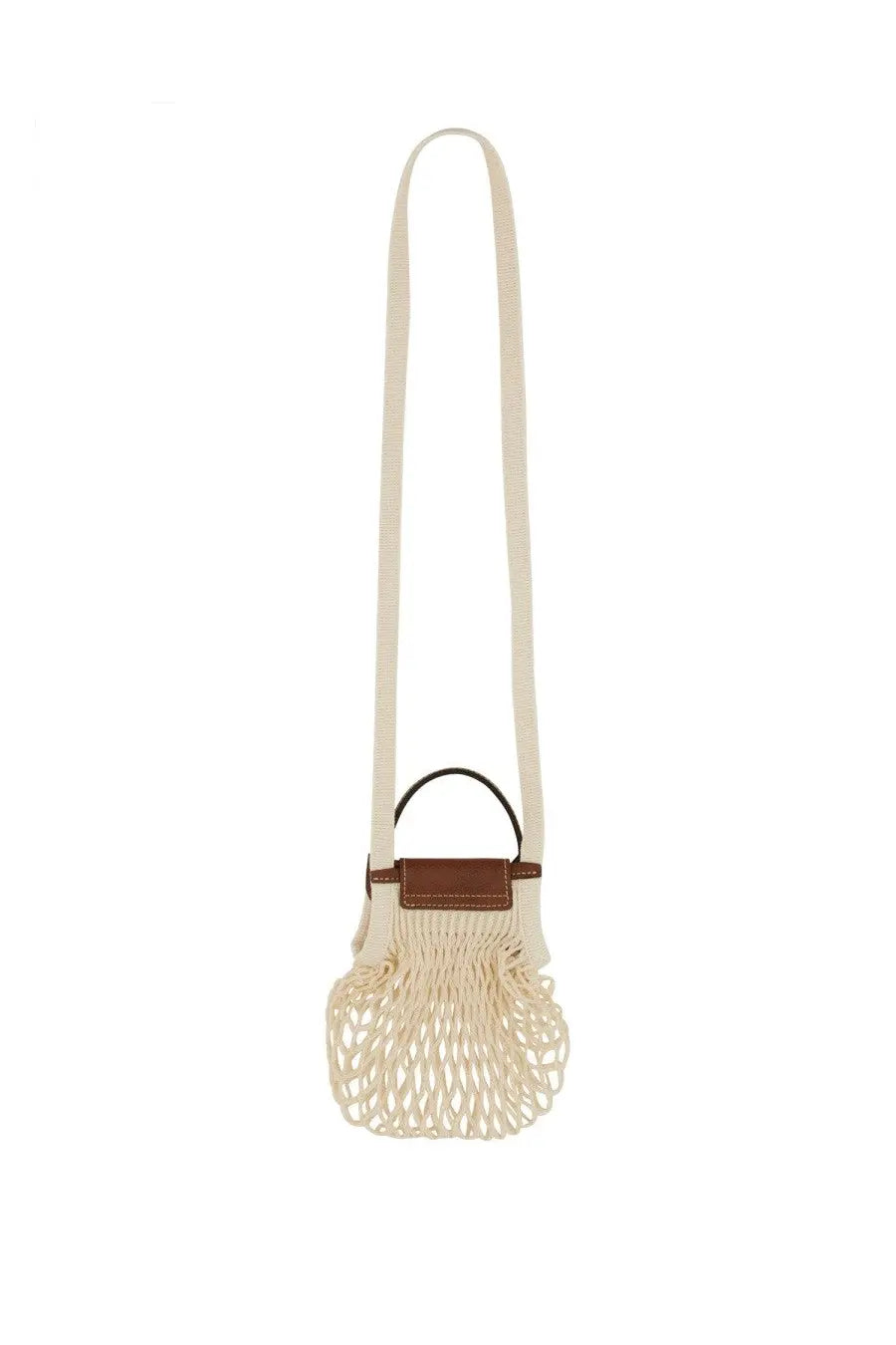 Longchamp women’s le pliage filet mini bag white cream-colored woven mesh with brown leather top flap and handle