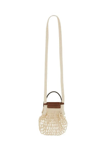 Longchamp women’s le pliage filet mini bag white cream-colored woven mesh with brown leather top flap and handle