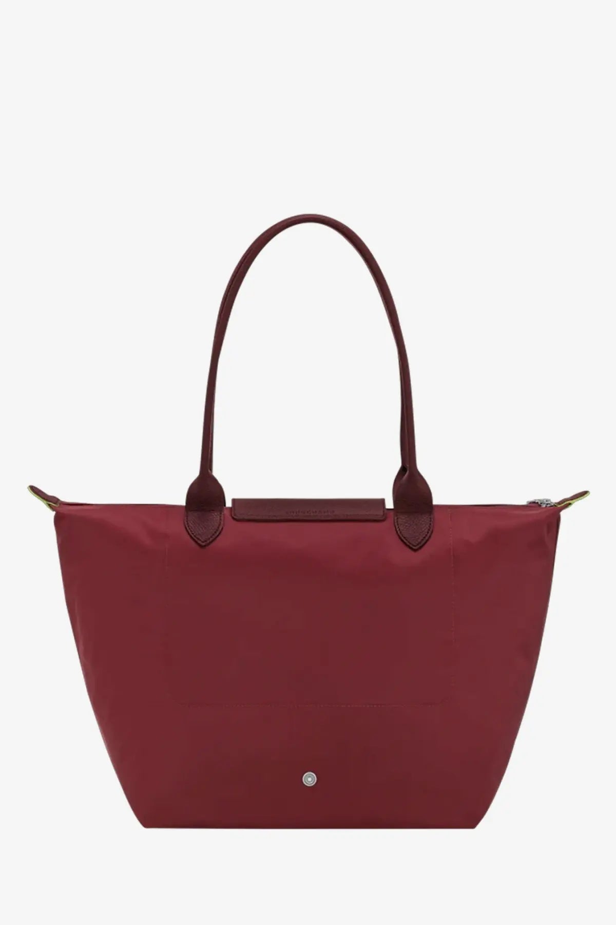 Longchamp women’s burgundy le pliage tote bag with green nylon body matching leather handles and silver-tone logo plaque