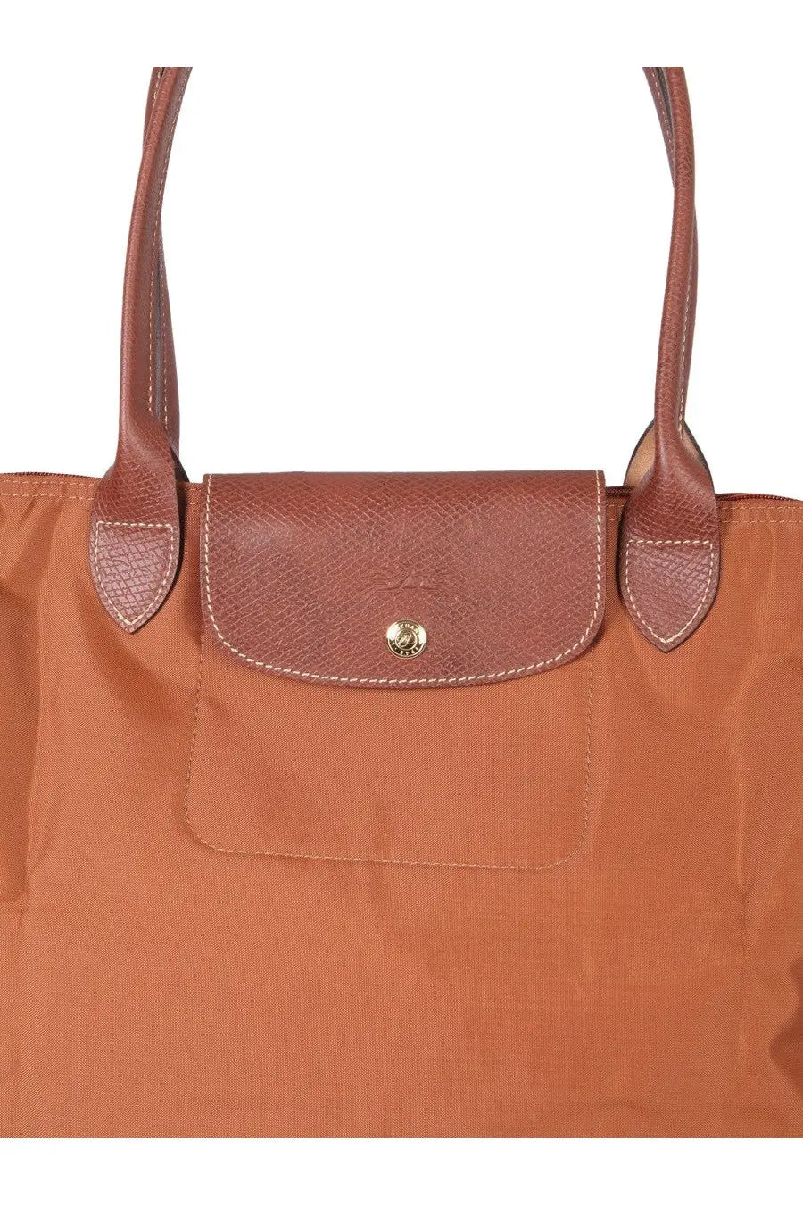 Longchamp women’s le pliage large tote bag in brown with leather trim textured flap and gold-tone button closure