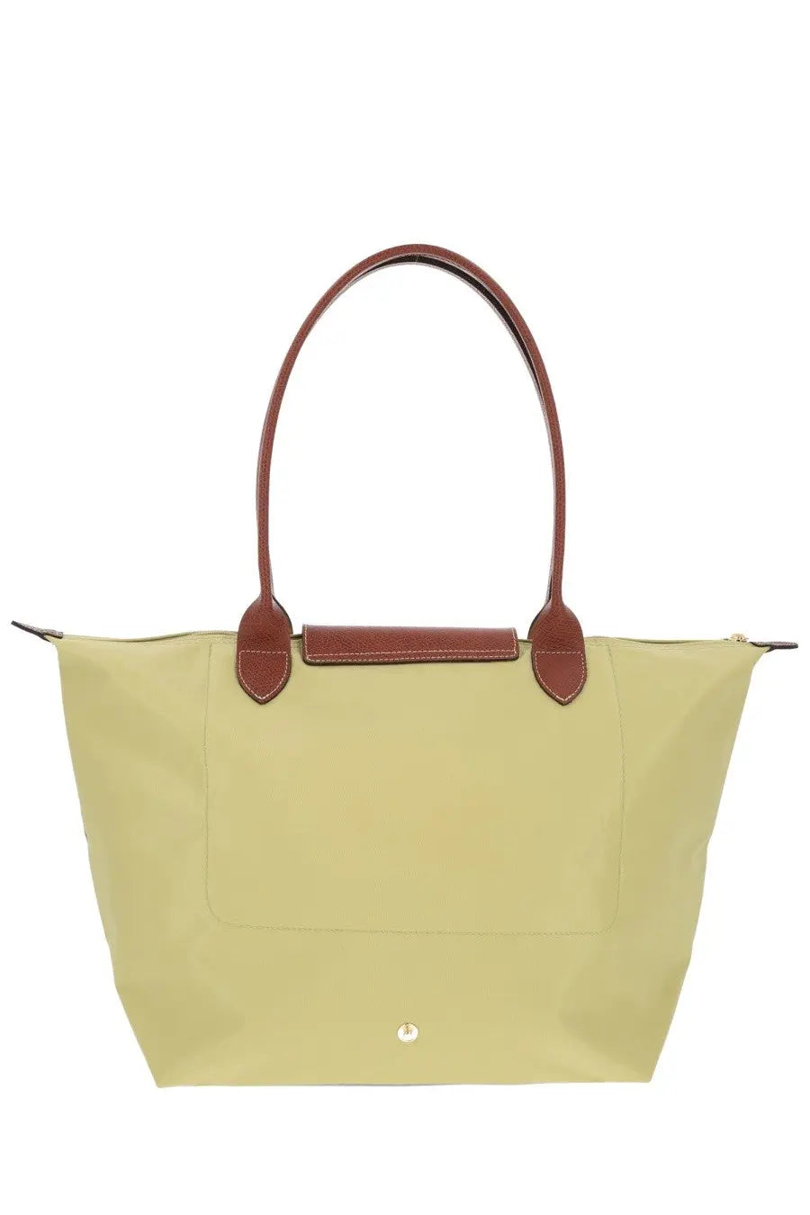 Longchamp women’s LE Pliage large tote bag in pale green with brown leather handles and trim