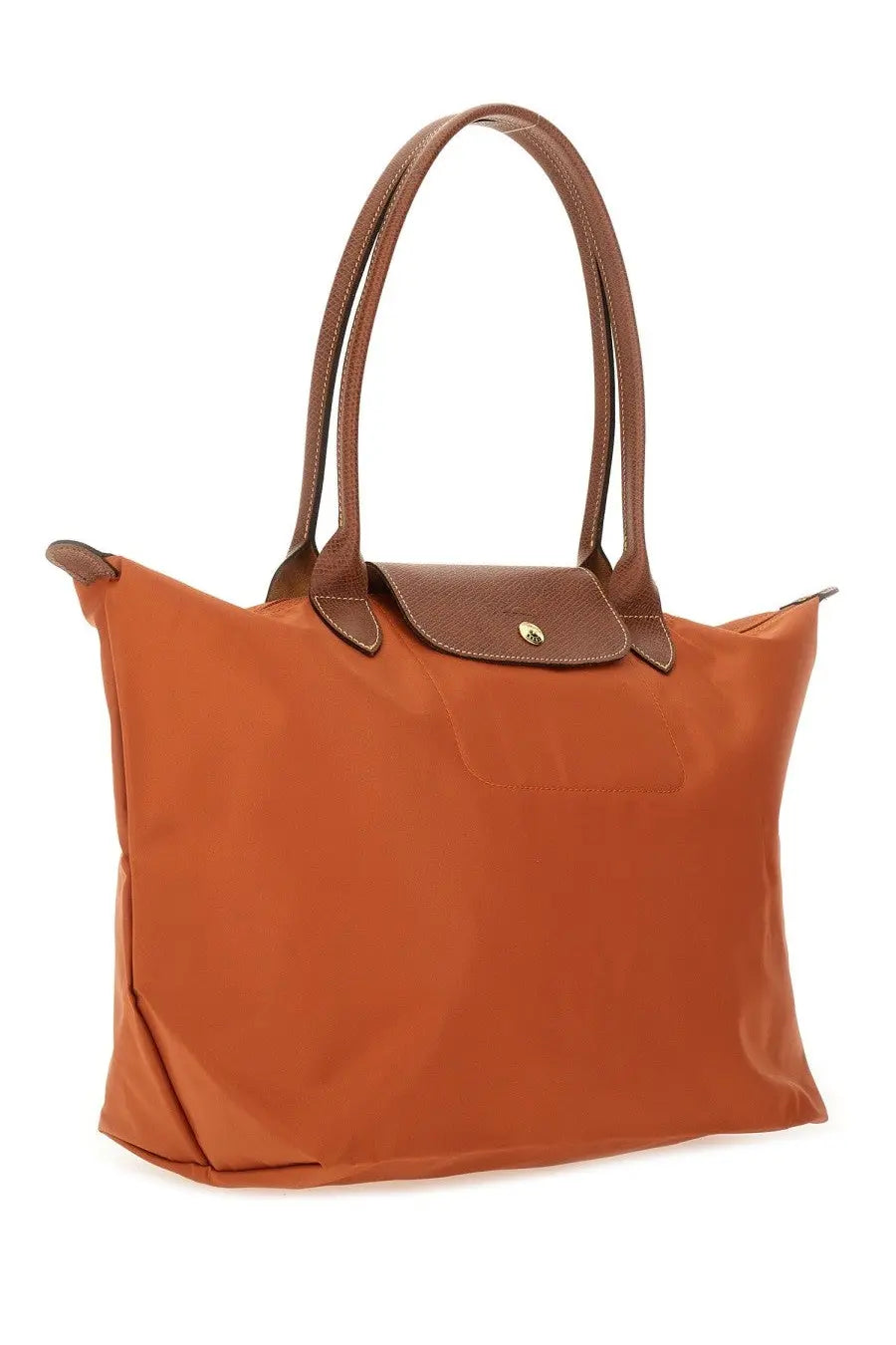 Longchamp women’s LE Pliage large tote bag in cognac color with brown leather handles and matching flap closure