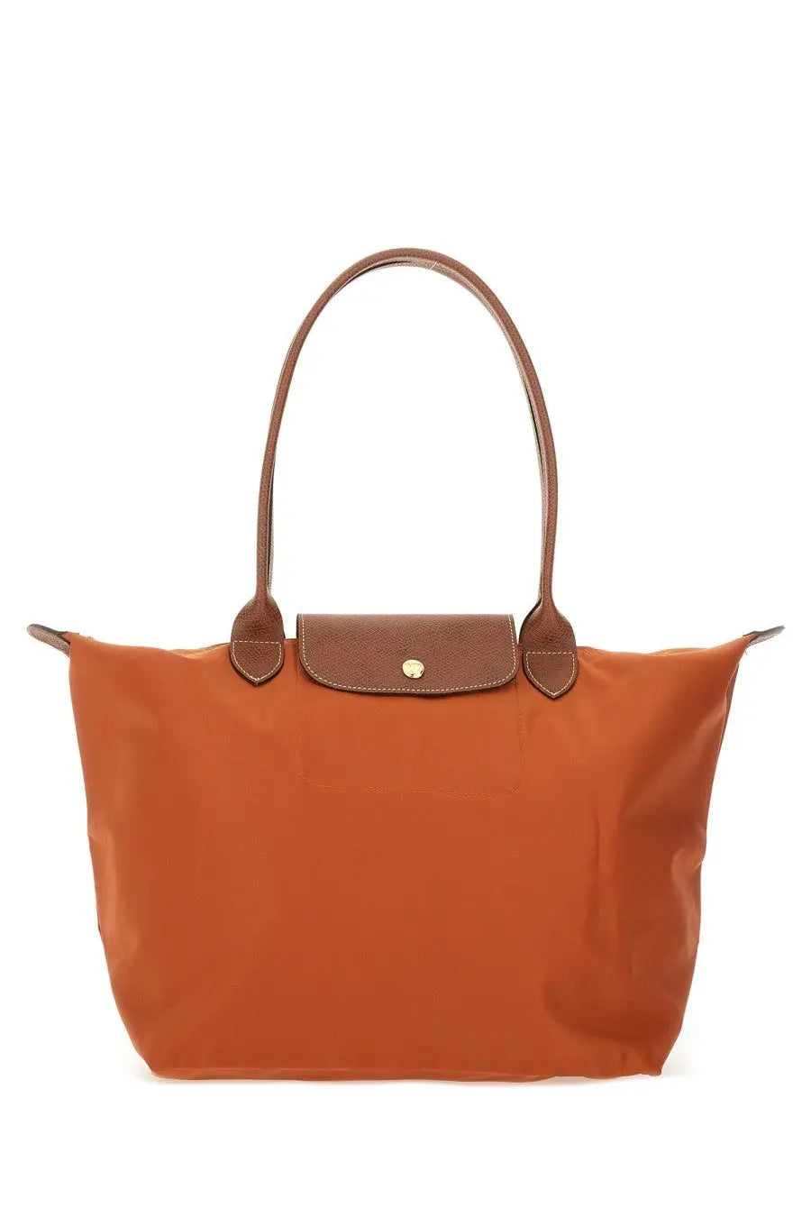 Orange longchamp women’s le pliage large tote bag with brown leather handles and matching flap closure