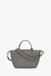 Gray Longchamp Le Pliage leather tote bag with structured design and signature top handles for women