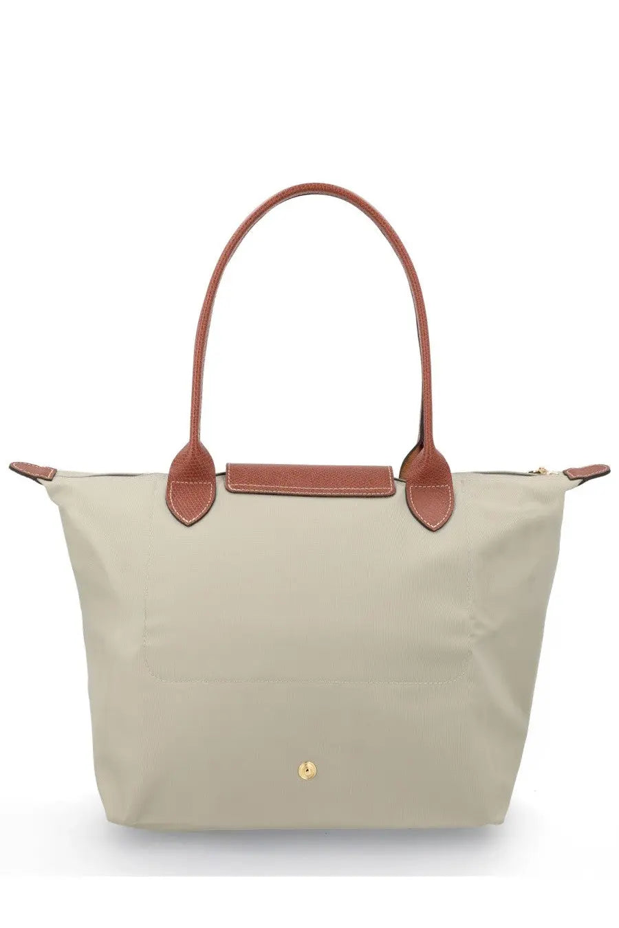 Beige Longchamp Le Pliage medium tote bag with brown leather handles and trim in gray color for women
