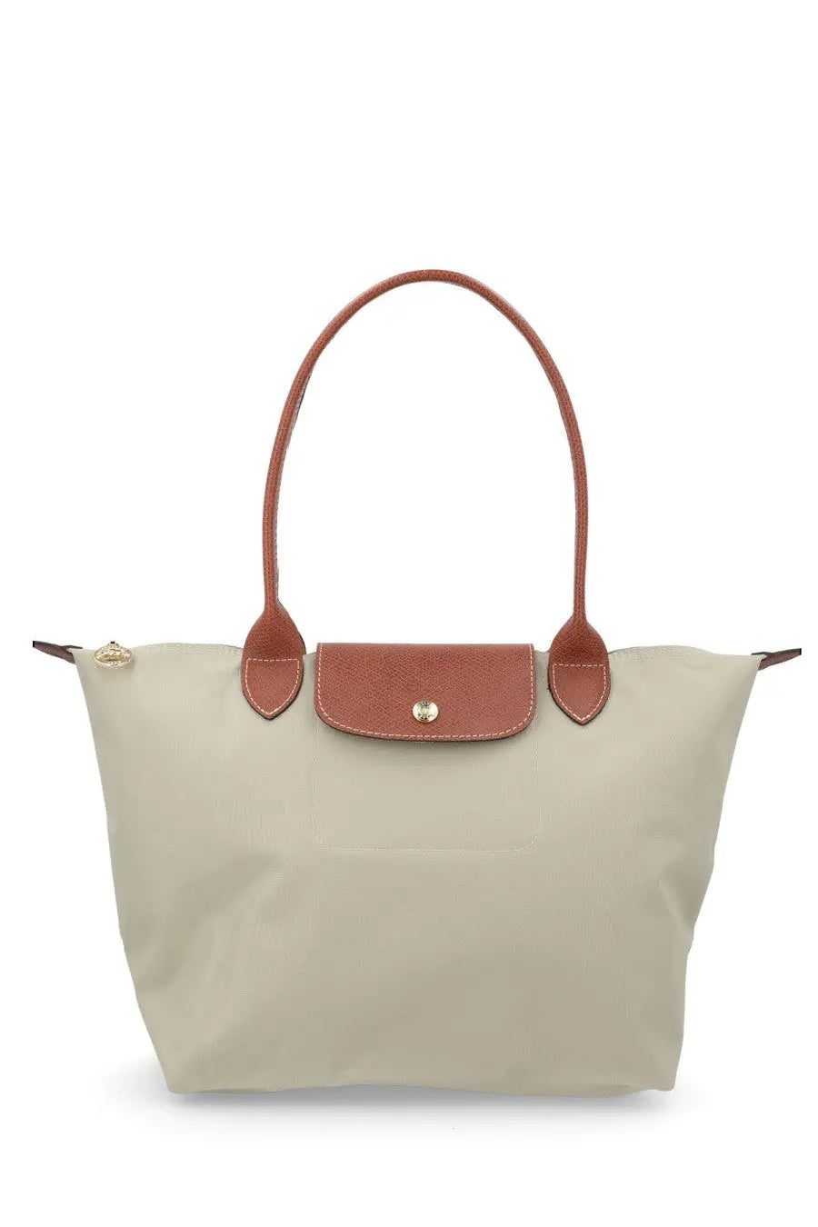 Beige Longchamp LE Pliage medium tote bag with tan leather handles and flap in grey for women’s use