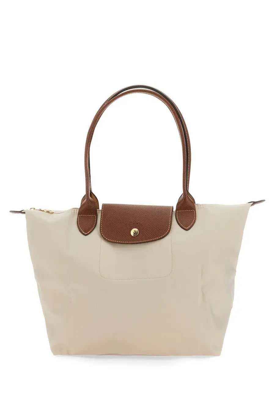 Beige longchamp le pliage medium tote bag with brown leather handles and matching flap closure for women
