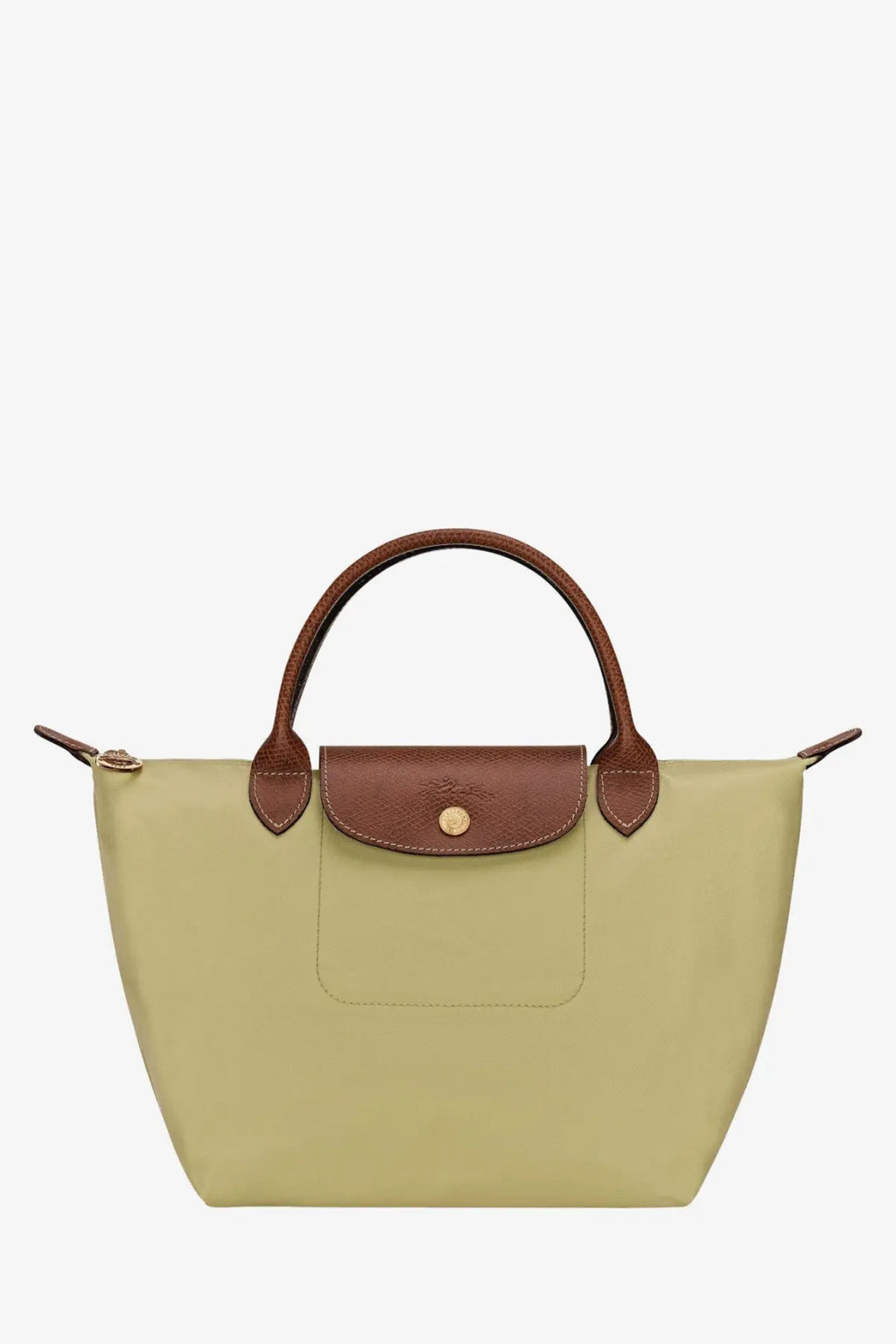Longchamp women’s le pliage nylon handbag in sage green with brown leather handles and signature flap closure