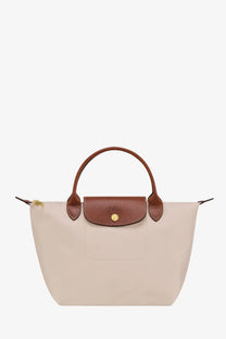Beige and brown leather Longchamp le pliage foldable handbag for women with nylon white detailing