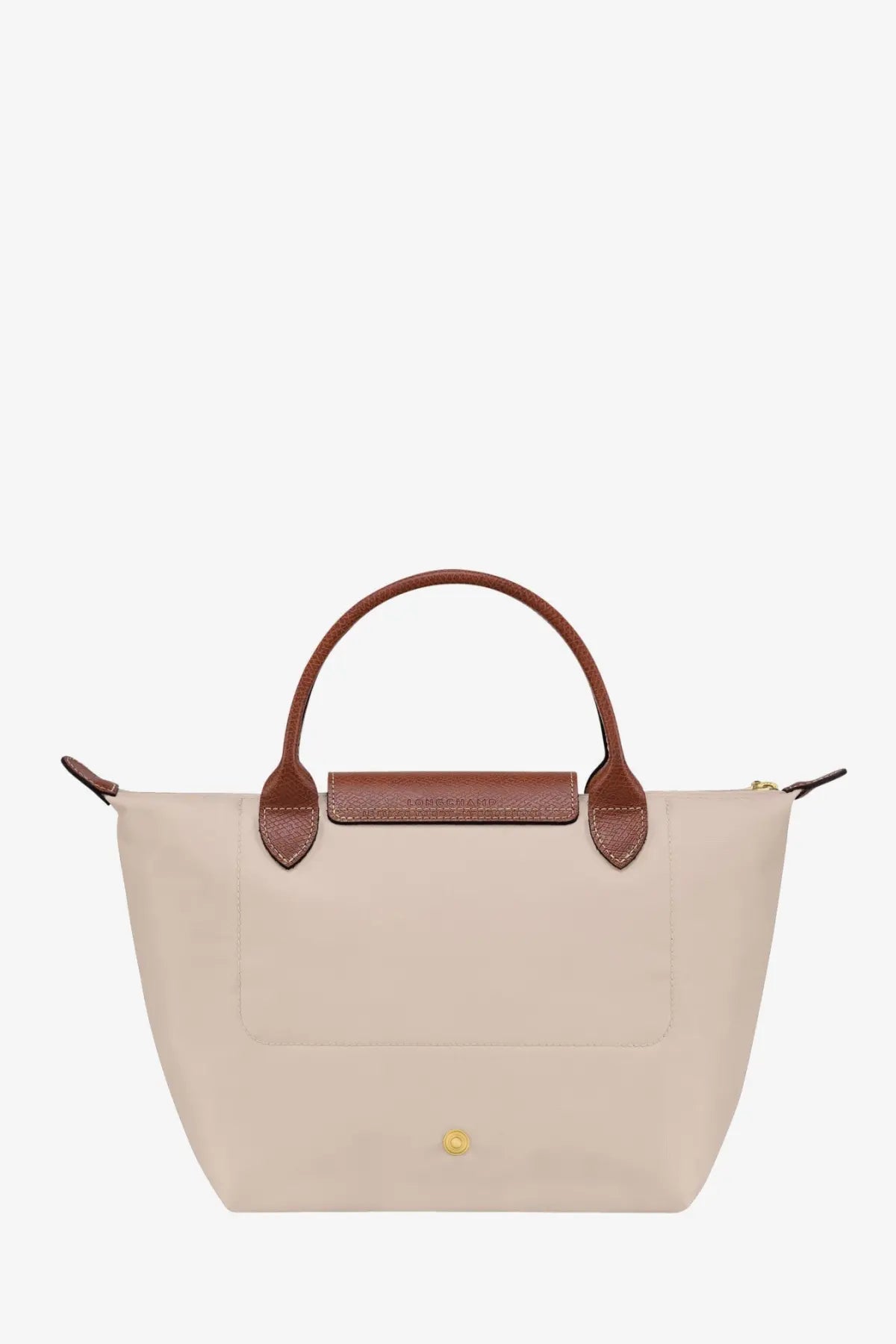 Beige Longchamp Le Pliage nylon tote bag with brown leather handles and front flap for women in white style