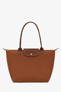 Longchamp women’s le pliage nylon shoulder bag brown with brown leather trim flap closure and gold-tone hardware