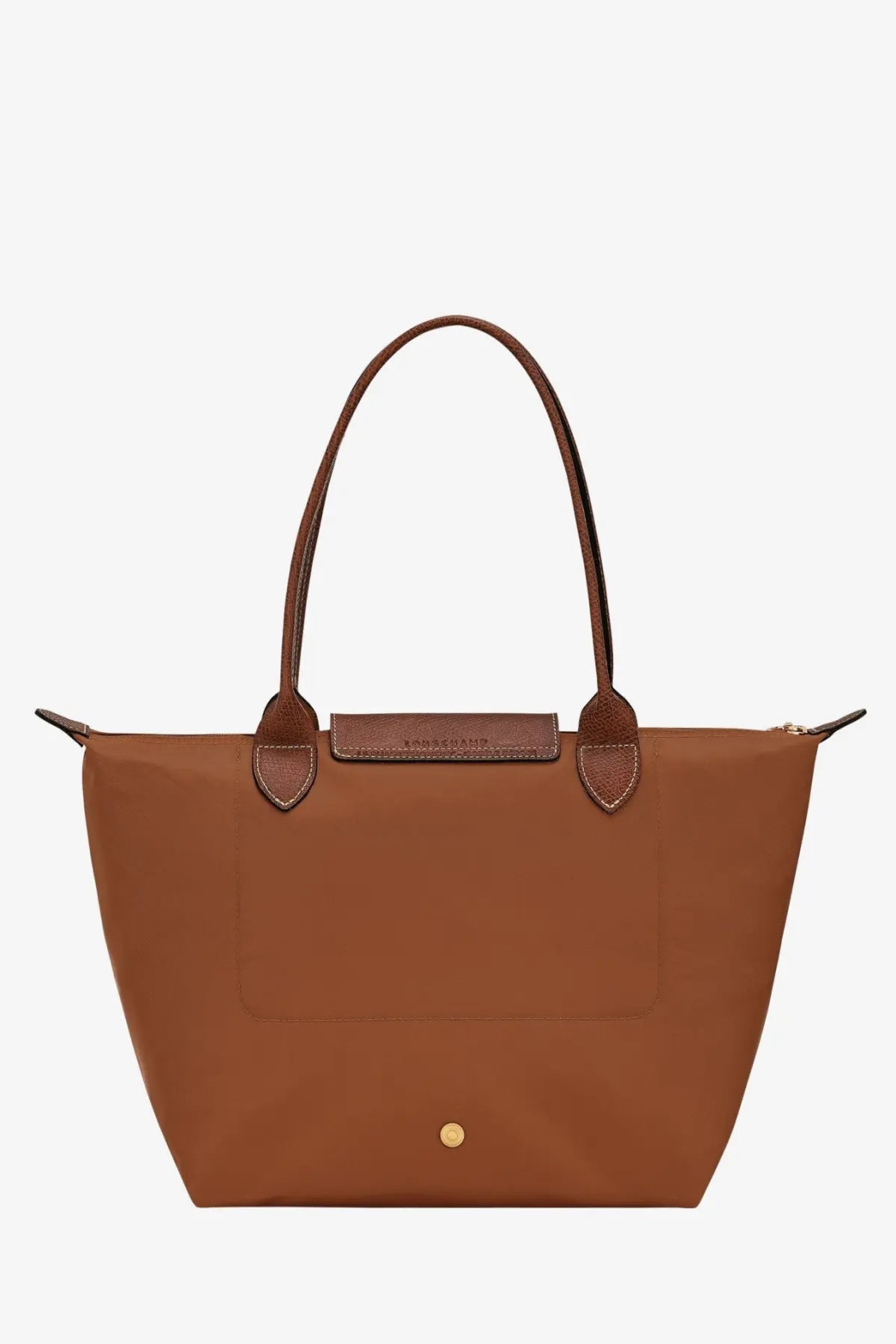 Longchamp women’s le pliage nylon shoulder bag in brown with brown leather trim and gold-tone hardware