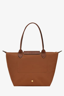 Longchamp women’s le pliage nylon shoulder bag in brown with brown leather trim and gold-tone hardware