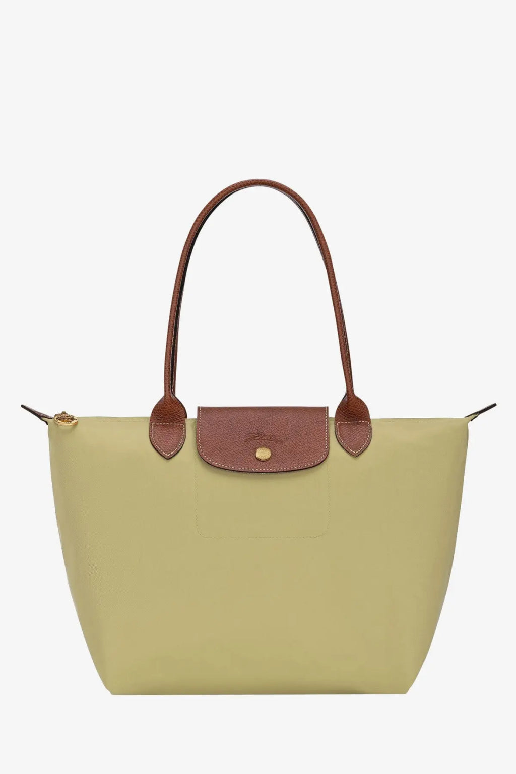 A sage green longchamp le pliage nylon tote bag with brown leather handles and matching flap closure for women