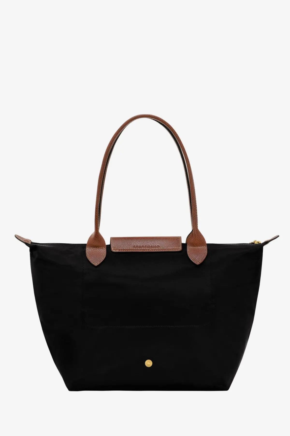 Black Longchamp le pliage original nylon tote bag with brown leather handles and gold-tone metal clasp